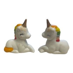 Vintage 1980’s Ceramic Unicorns With Rainbow Mane Pride Figurine China See Pics